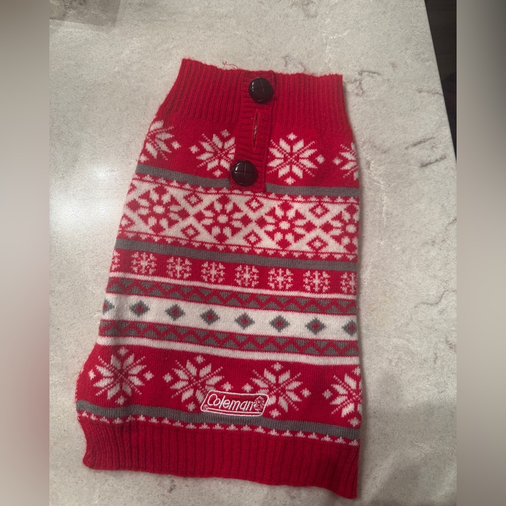 Red white Coleman holiday Christmas  Snowflake Button-Up dog pet Sweater Sz xs